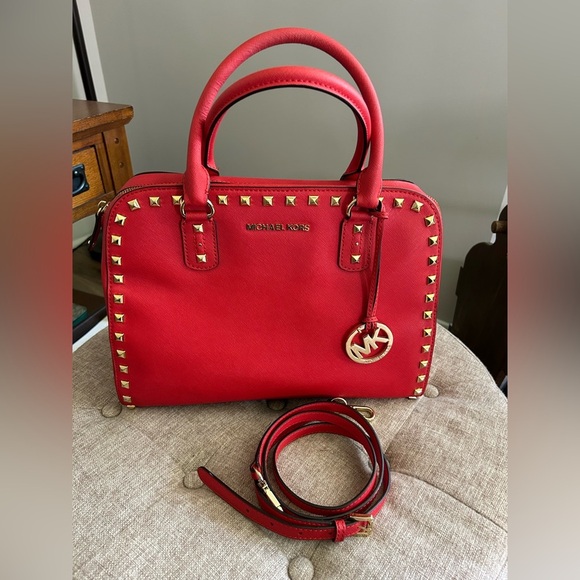 MICHAEL KORS Sandrine Gold Studded Satchel‎ Shoulder Bag/Purse Red - Picture 1 of 13